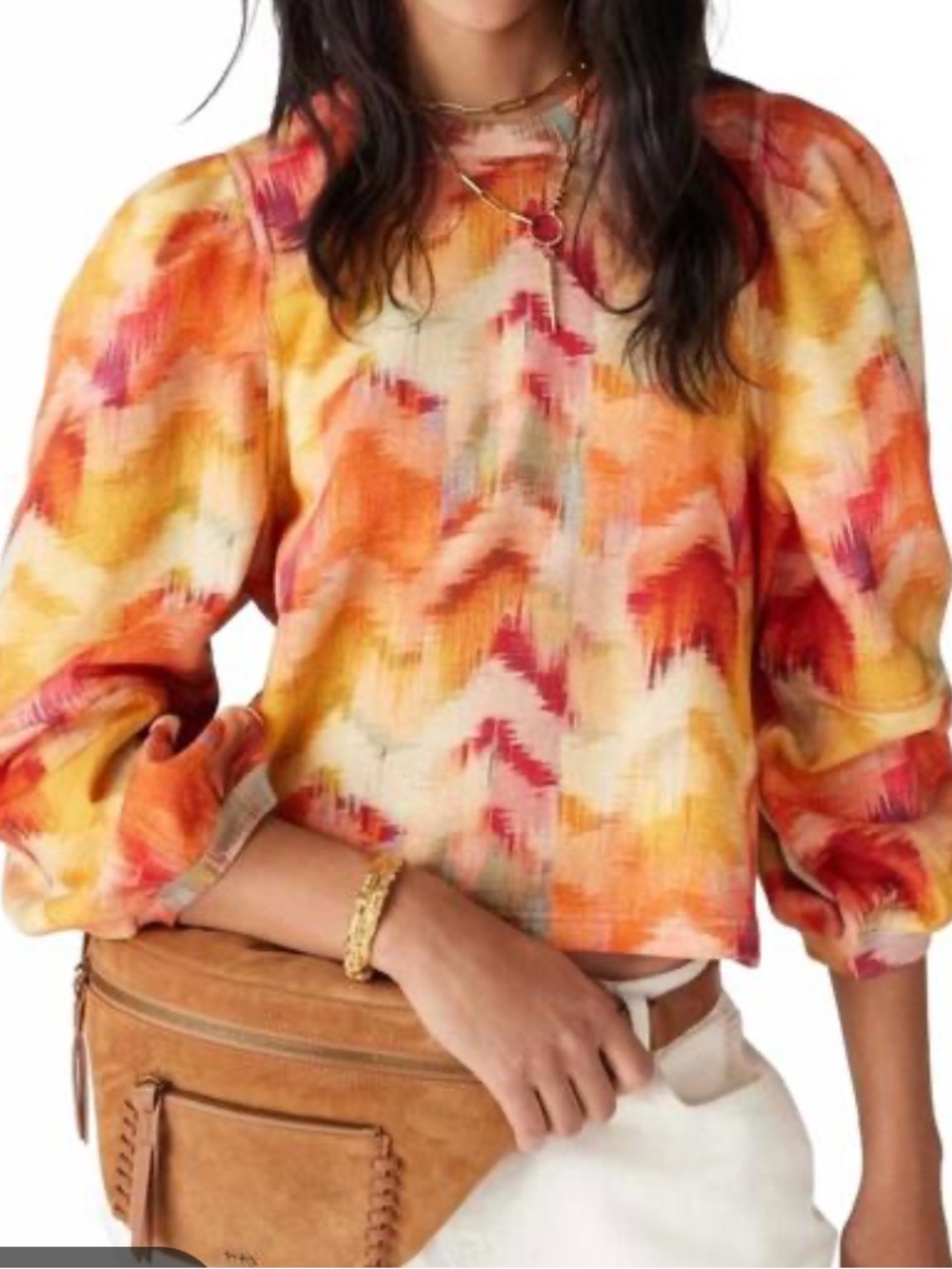 ba&sh Orange, Yellow and Pink Abstract Puff-Sleeve Top